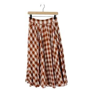 Anthropologie Mable Brown White Gingham Midi Skirt with Pockets Size M Medium